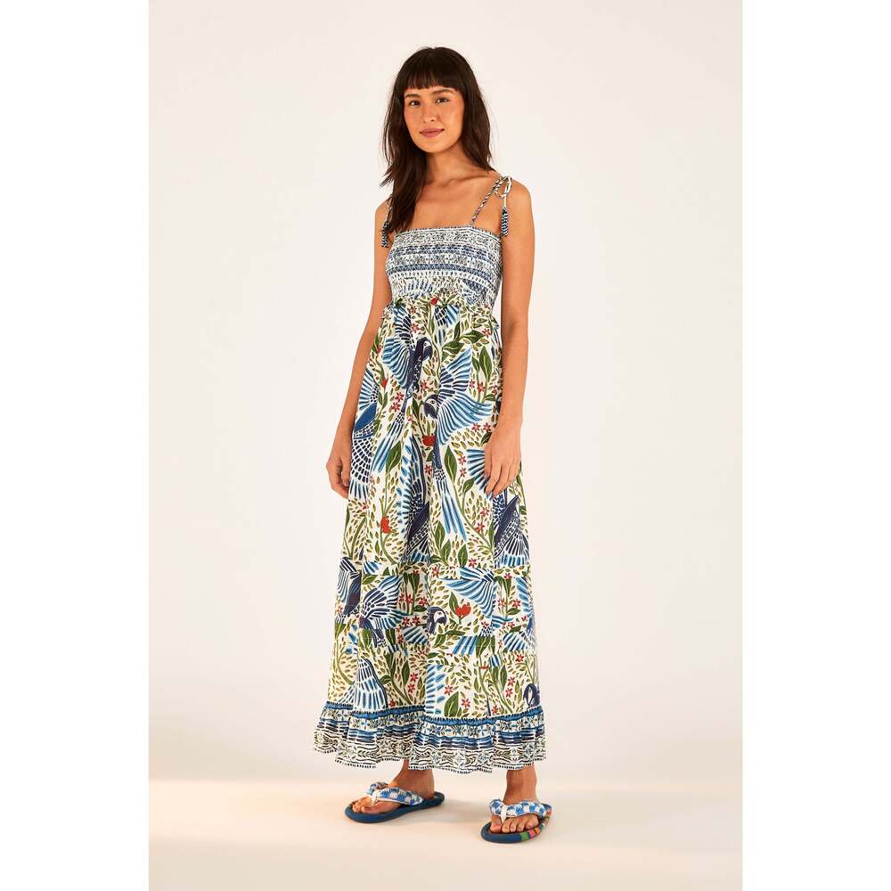 Off White Macaw Flight Smocked Maxi Dress